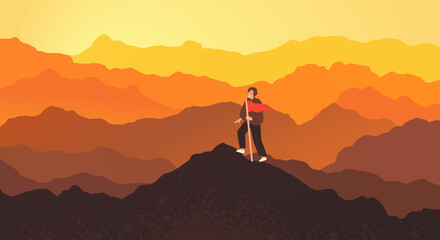 Traveler in sunset mountains, orange graphic design. Man climbing up mountains or cliffs.  Traveller or explorer standing on top of mountain. Successive steps to goal achievement concept.