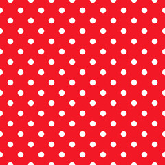 Christmas seamless pattern. Abstract, geometric textile print with white polka dot ornament on red background. New year texture. Vector illustration. Holiday festive background.