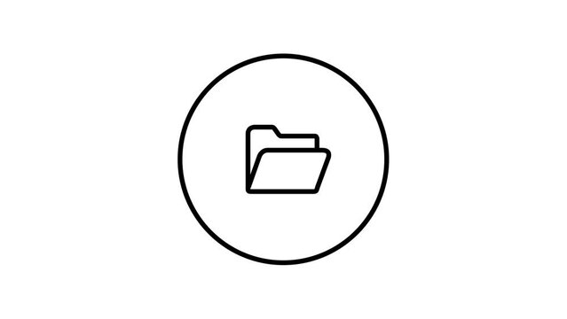 Open folder in circle black outline, line icon vector illustration, folder file, open, button, video animation, self drawing.