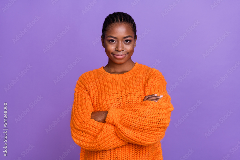Wall mural Photo of young lady smart crossed hands wear casual outfit promoter isolated over purple color background - Wall murals