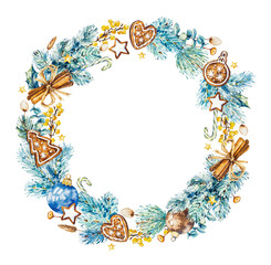 Christmas watercolor  wreath, frame template with fir branches, Christmas balls, stars, berries, gingerbread, plants, garland.  Watercolor hand drawn illustration for poster, packaging, designs, cards