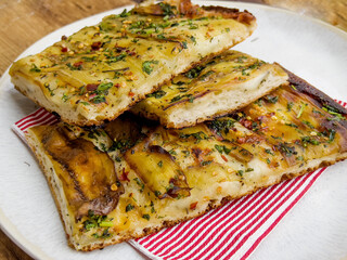 Italian Focaccia pizza with eggplant . Pala romana's pizza  . 