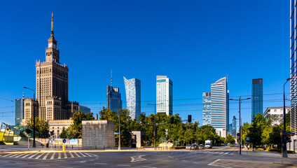 Fototapeta na wymiar Panoramic view of modern architecture and skyscrapers of Srodmiescie downtown and Wola business district of Warsaw city center in Poland