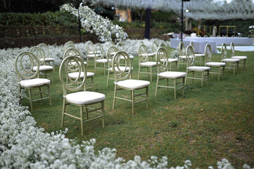 Wedding Decoration White and purple Flower, Fairytales with Nightsky stars outdoors. Elegance and natural grass.