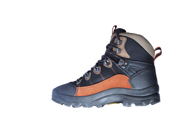 men's trekking boots on a white background. mountain men's tourism concept. hiking boots on light texture. shoes for working on light surfaces	