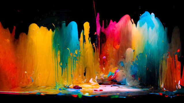 Paint Splashes In Rainbow Colors Dripping From Wall As Background