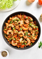 Creole jambalaya with chicken, smoked sausages and vegetables
