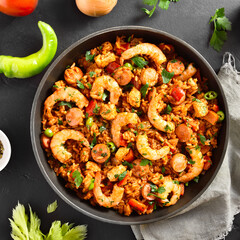 Jambalaya with chicken, smoked sausages and vegetables