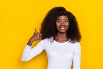 Portrait of positive cheerful person hand finger demonstrate thumb up approve isolated on yellow color background