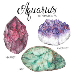 Aquarius birthstones set. Watercolor zodiac stones, healing crystals, birthday talismans. Amethyst Garnet Jade gemstones isolated on white background. Hand painted gems