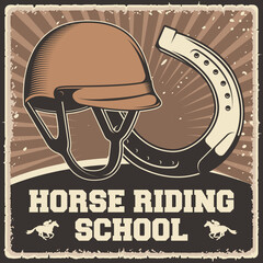 Retro vintage illustration vector graphic of Horse Riding School fit for wood poster or signage
