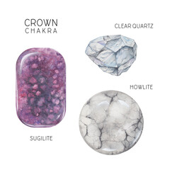 Crown chakra crystals set. Watercolor chakra stones, healing crystals, talismans. Quartz Howlite Sugilite gemstones isolated on white background. Hand painted gems