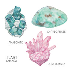 Heart chakra crystals set. Watercolor chakra stones, healing crystals, talismans. Chrysoprase Amazonite Rose Quartz gemstones isolated on white background. Hand painted gems