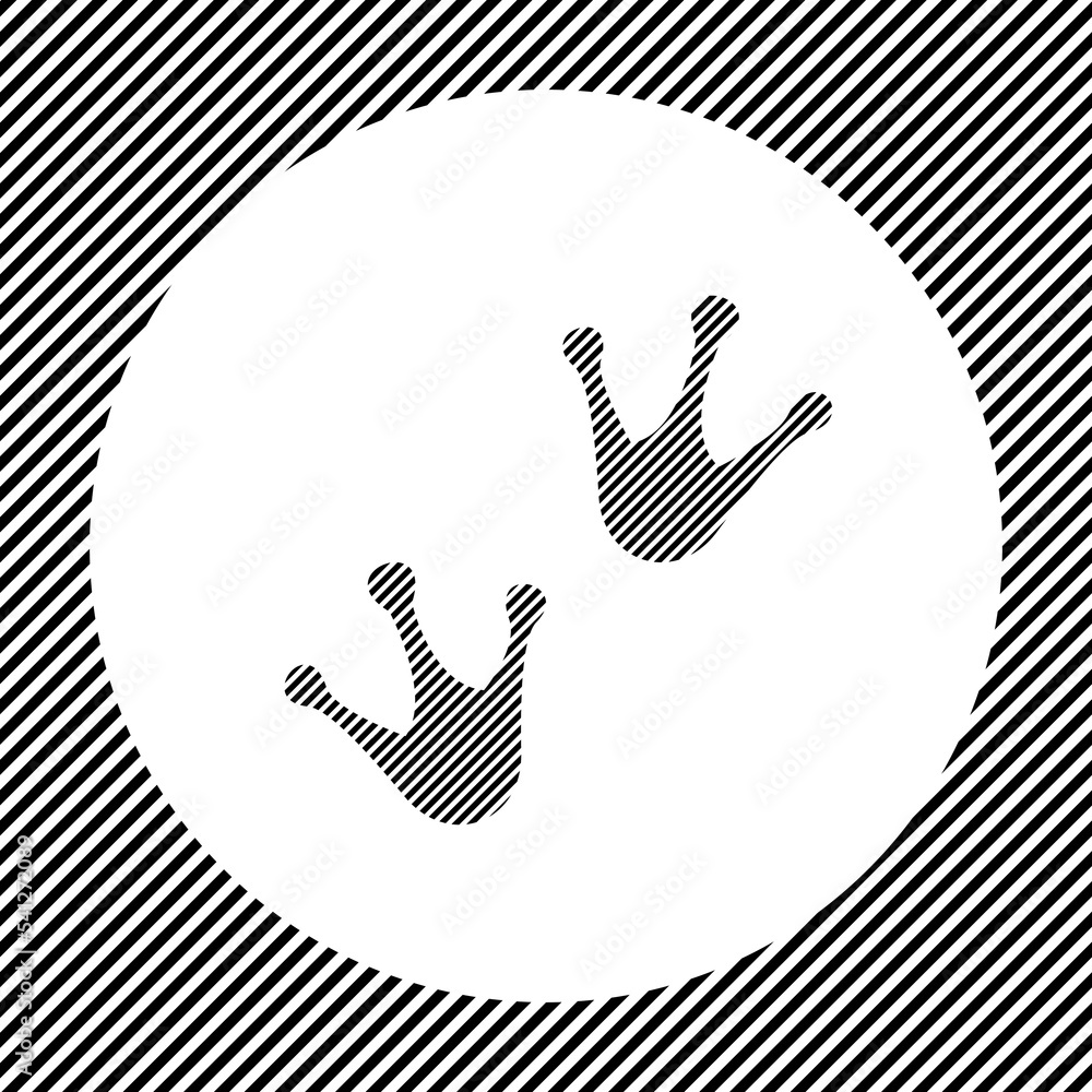 Poster a large frog tracks symbol in the center as a hatch of black lines on a white circle. interlaced eff