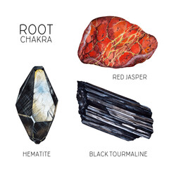 Root chakra crystals set. Watercolor chakra stones, healing crystals, talismans. Hematite Red Jasper Black Tourmaline gemstones isolated on white background. Hand painted gems