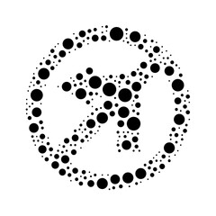 A large no left turn sign in the center made in pointillism style. The center symbol is filled with black circles of various sizes. Vector illustration on white background