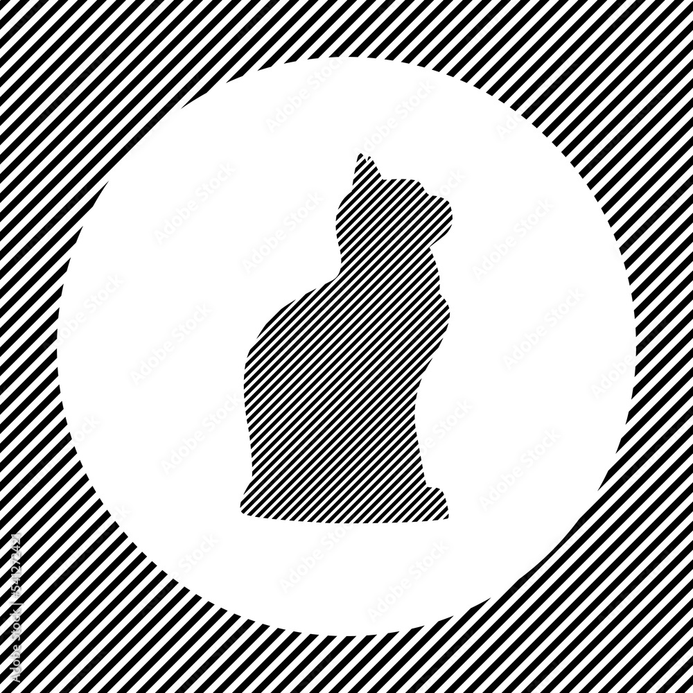 Poster a large cat symbol in the center as a hatch of black lines on a white circle. interlaced effect. sea