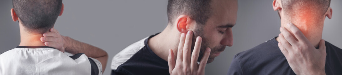 Naklejka premium Caucasian man having throat, ears, neck pain.