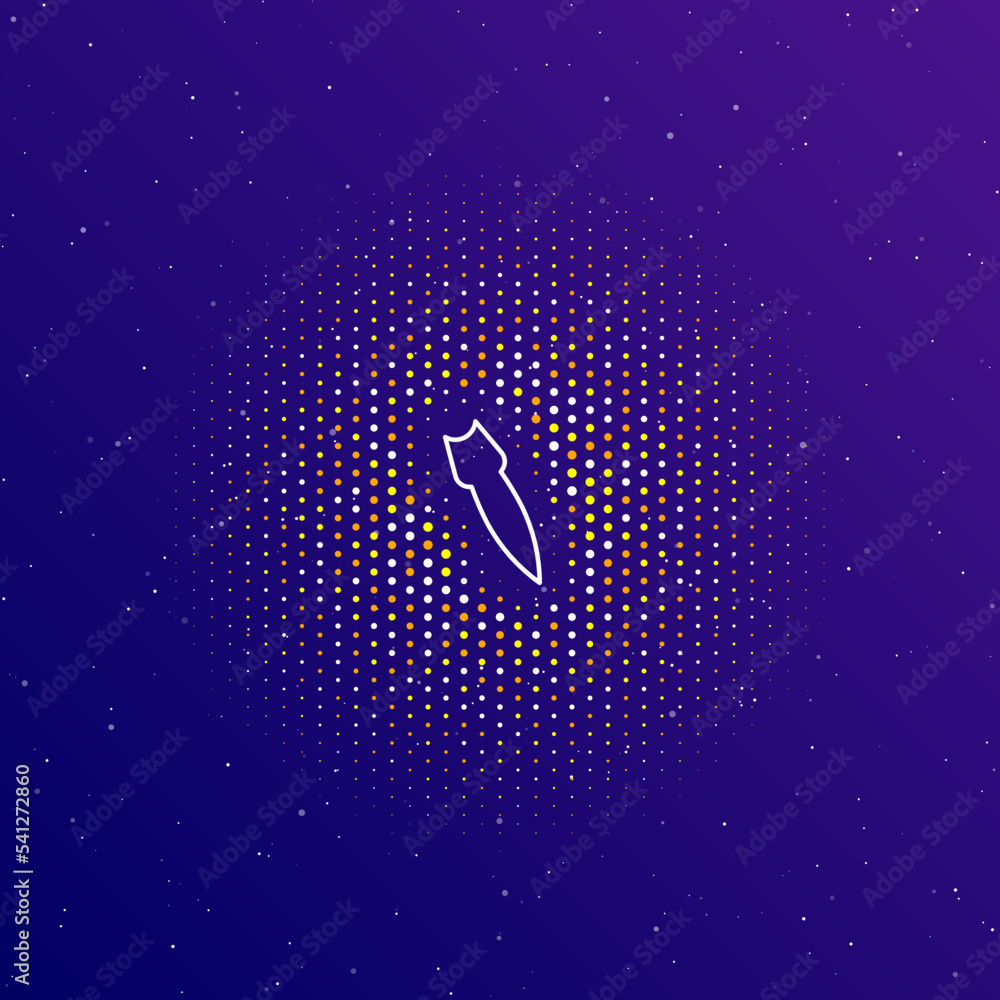Poster a large white contour falling rocket symbol in the center, surrounded by small dots. dots of differe