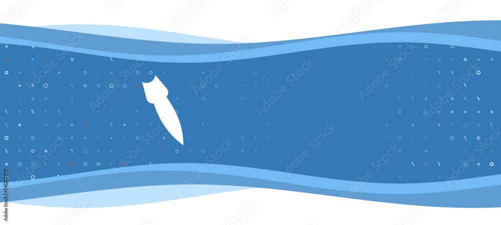 Poster blue wavy banner with a white falling rocket symbol on the left. on the background there are small w