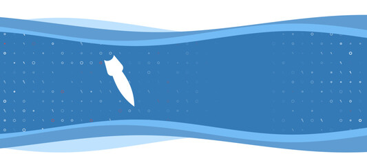 Fototapeta premium Blue wavy banner with a white falling rocket symbol on the left. On the background there are small white shapes, some are highlighted in red. There is an empty space for text on the right side
