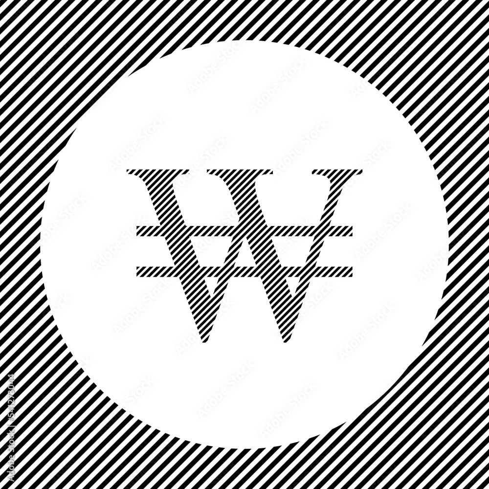 Poster a large korean won sign in the center as a hatch of black lines on a white circle. interlaced effect