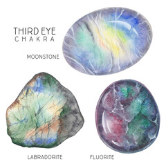 Third eye chakra crystals set. Watercolor chakra stones, healing crystals, talismans. Moonstone Labradorite Fluorite gemstones isolated on white background. Hand painted gems