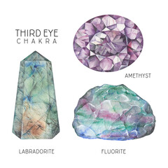 Third eye chakra crystals set. Watercolor chakra stones, healing crystals, talismans. Amethyst Labradorite Fluorite gemstones isolated on white background. Hand painted gems