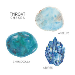 Throat chakra crystals set. Watercolor chakra stones, healing crystals, talismans. Azurite Chrysocolla Angelite gemstones isolated on white background. Hand painted gems