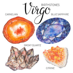 Virgo birthstones set. Watercolor zodiac stones, healing crystals, birthday talismans. Carnelian Sapphire Smoky Quartz Citrine gemstones isolated on white background. Hand painted gems