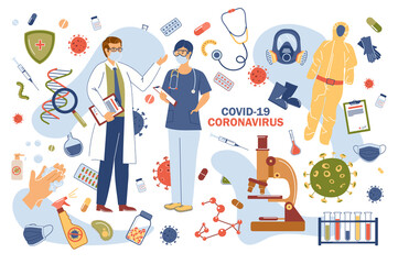 Coronavirus covid-19 concept isolated elements set. Collection of doctor and nurse, medical masks, protective suit, vaccine, virus prevention and other. Illustration in flat cartoon design