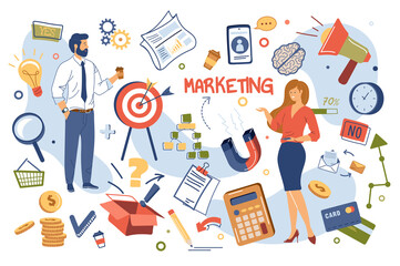 Marketing concept isolated elements set. Collection of marketers, analysis, strategy, targeting, customer attracting, advertising campaign, profit and other. Illustration in flat cartoon design
