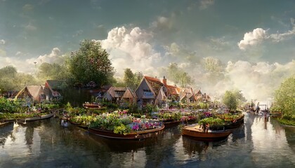 The natural landscape of the village with canals and flowers. Cartoon style.