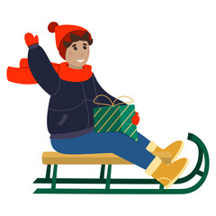 A boy on a sled in the hands of a New Year's gift. New Year, Christmas, Vector illustration