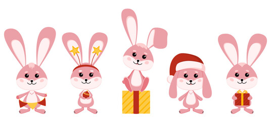 A set of pink Christmas bunnies. Symbol of the year, Christmas, New Year. Vector illustration