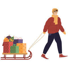 Happy a man drags a sleigh with New Year's gifts and decorations. Christmas, New Year, illustration