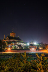 view of Minh Thanh pagoda, a majestic Buddhist architectural structure in Pleiku city, Gia Lai province, Vietnam, text in photo mean peace, compassion, forgiveness. Travel concept