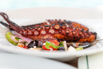 Traditional Greek Salad served with Fried Octopus in tavern, traditional greece food. Tomatoes, cucumber, onions, olives, peppers, cappers and olive oil