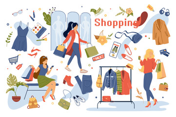Shopping concept isolated elements set. Collection of women buy clothes and accessories in store, choose cosmetics, sales, discounts, payment and other. Illustration in flat cartoon design