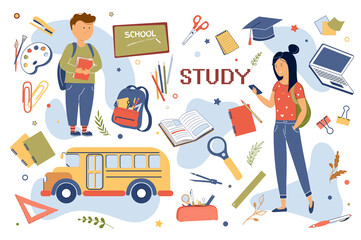 Study concept isolated elements set. Collection of schoolchildren teenagers, school bus, textbooks, notebooks, stationery, laptop, graduate cap and other. Illustration in flat cartoon design