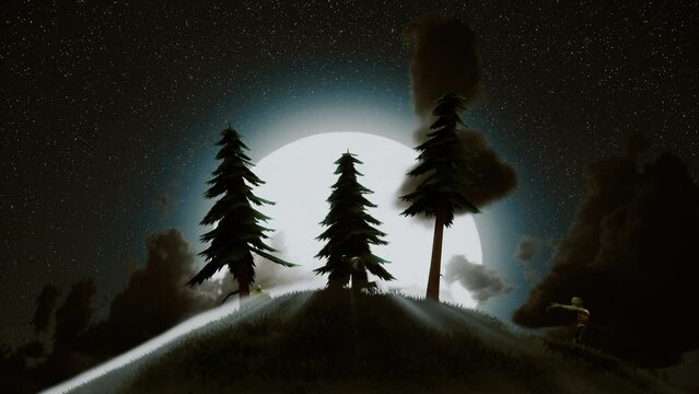 Halloween night. Video card concept. Beautiful concept of Halloween night. A group of funny monsters are running against the background of a full moon.