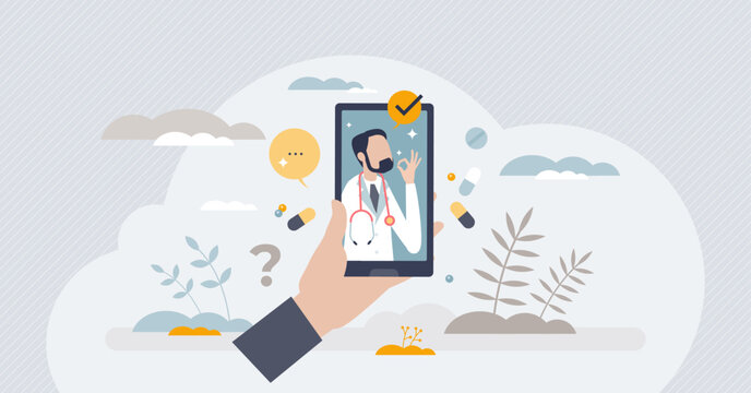 Professional doctor service with distant assistance tiny person concept. Phone app or video call to medical specialist for distance help and patient diagnostics vector illustration. Online healthcare.