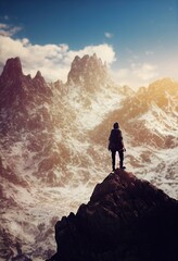 Fototapeta premium man standing on ground looking up rocky mountain generative ai