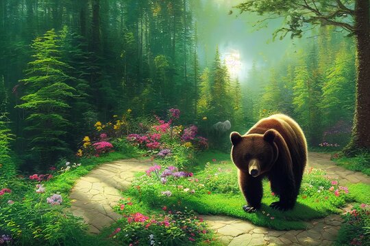 Bear on a green background with flowers in the forest. Illustration for advertising, cartoons, games, print media.