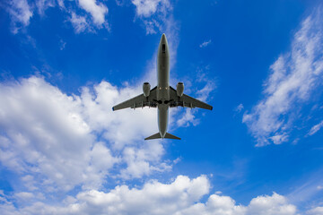Passengers commercial airplane flying under blue sky with fisheye effect.
