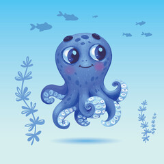 Cute octopus in underwater world cartoon, vector cartoon illustration, cartoon clipart