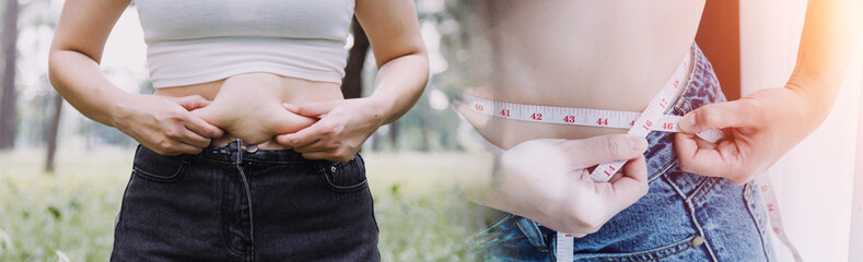 Beautiful fat woman with tape measure She uses her hand to squeeze the excess fat that is isolated...