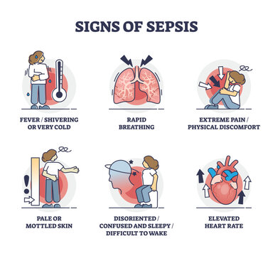 Signs Of Sepsis As Infection Blood Poisoning Symptoms Outline Collection. Labeled Educational Scheme With Condition After Heavy Injury And Bacterial Illness Vector Illustration. Medical Condition Set.