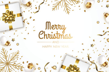 Fototapeta na wymiar Merry Christmas and Happy New Year. Xmas background design with realistic gift box, gold snowflake and golden confetti glitter.Christmas poster, greeting cards, headers, website.
