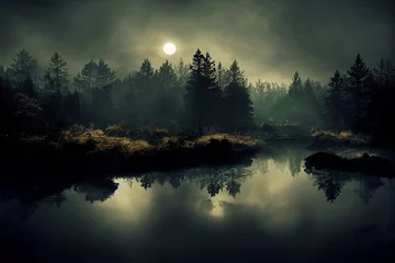 Fototapeten Fluss im Mondlicht, magische Landschaft © acrogame
